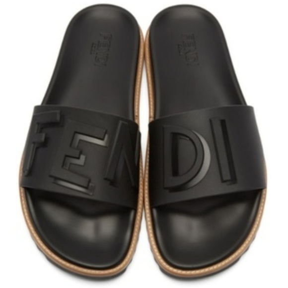 Mens Rubber Black Fendi Vocabulary Slides Sandals - Picture 2 of 5